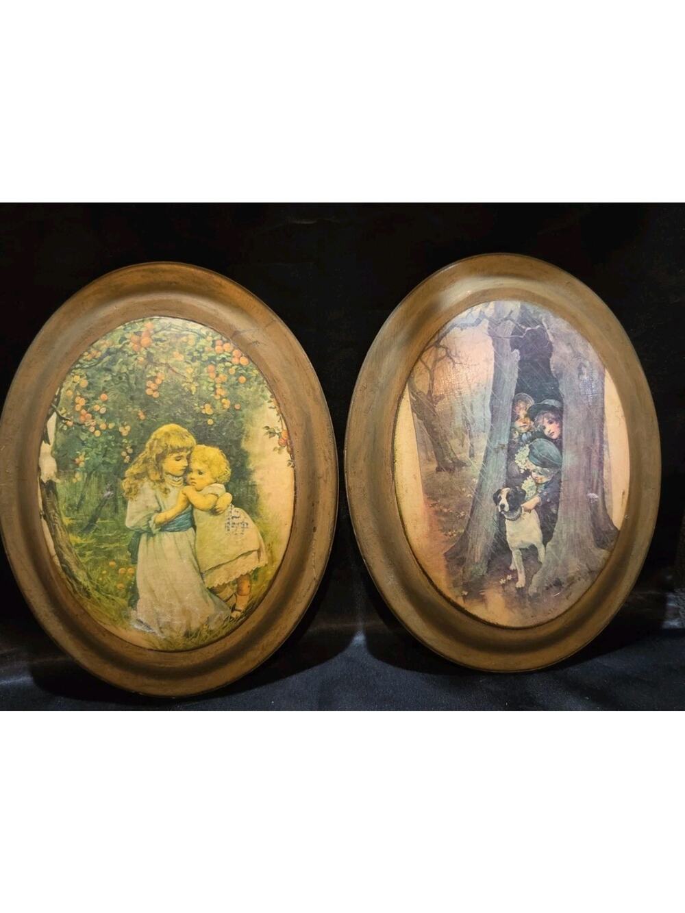 Vintage oval wooden plaque Children Print Set Of 2